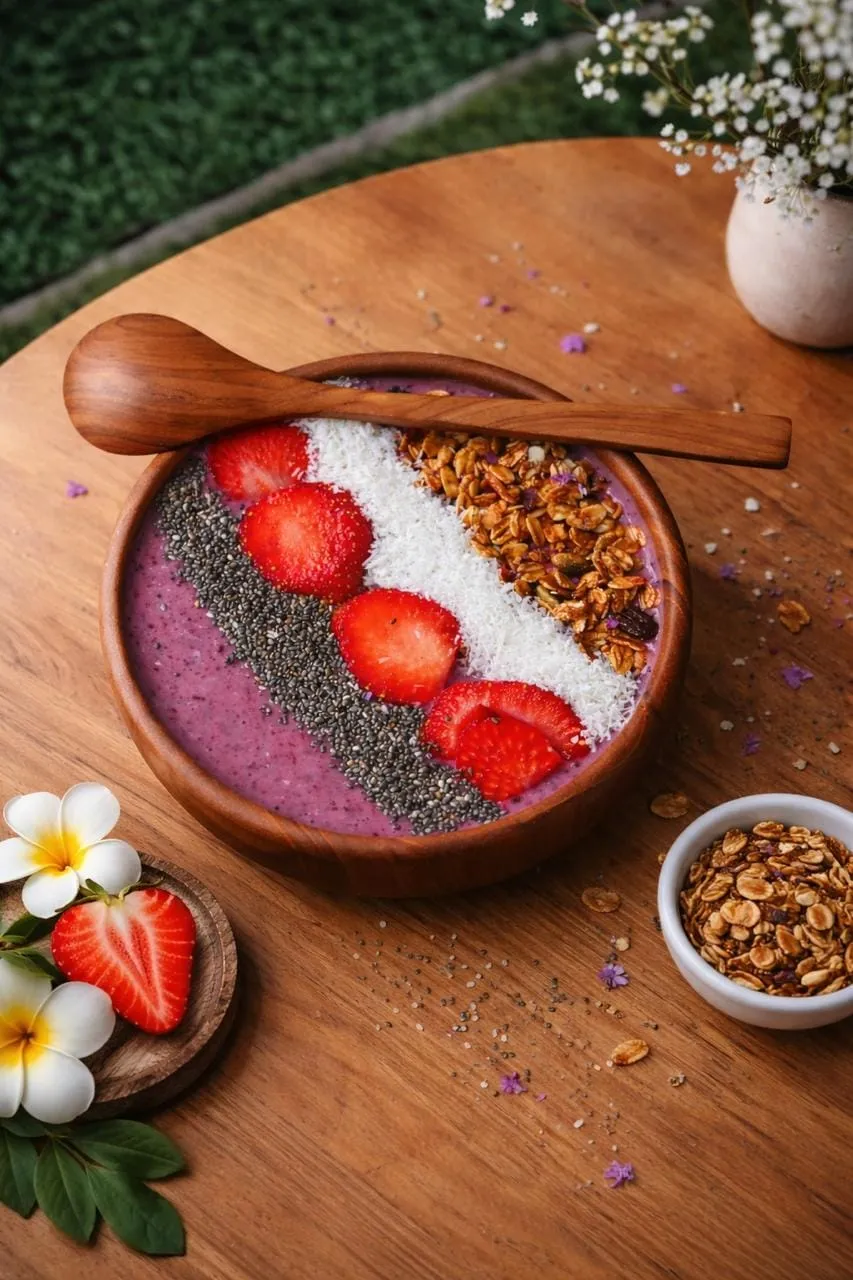 Açaí bowl with strawberries, coconut and granola at Lachie's after the surf