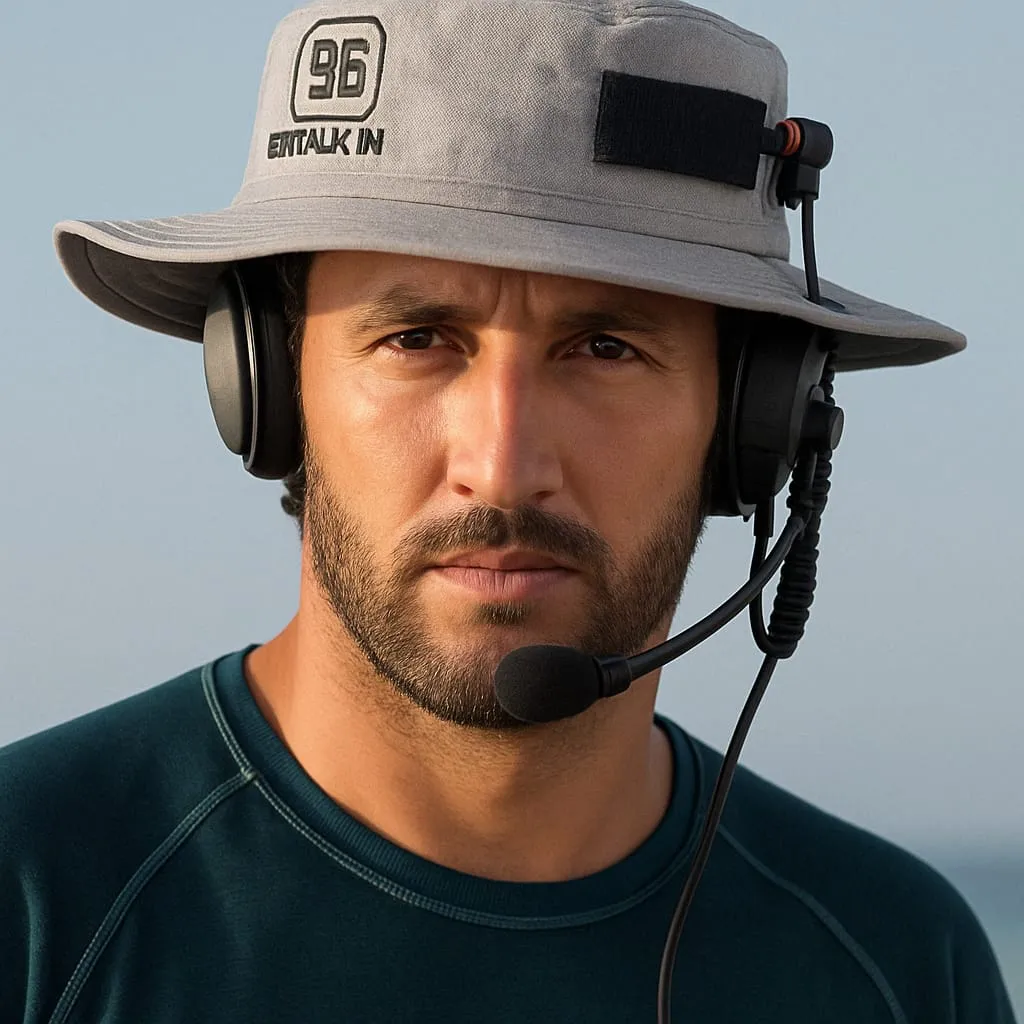 Kool Surf School instructor in a hat wearing a waterproof two-way headset